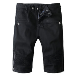 Hehope New Summer Men's Jean Motorcycle Biker Denim Shorts With Zippers Pleated Straight Slim Men Black Stretch Jeans Shorts Trousers