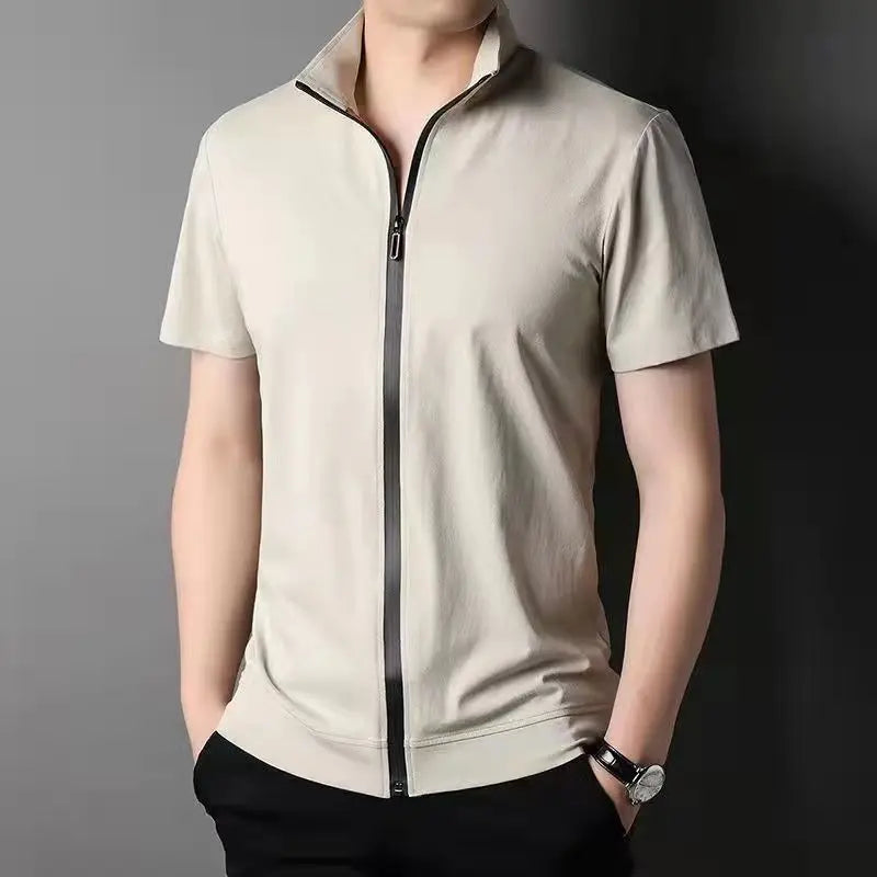 Hehope Men Summer Trend Stand Collar Zipper Cardigan Shirts Solid Short Sleeve Comfortable Business Casual Top Ropa Hombre Camisas