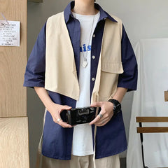 Hehope 2024 New Summer Men's Fashion Trend Personalized Loose Casual Oversize Japanese Holiday Two-piece Patchwork Medium Sleeved Shirt