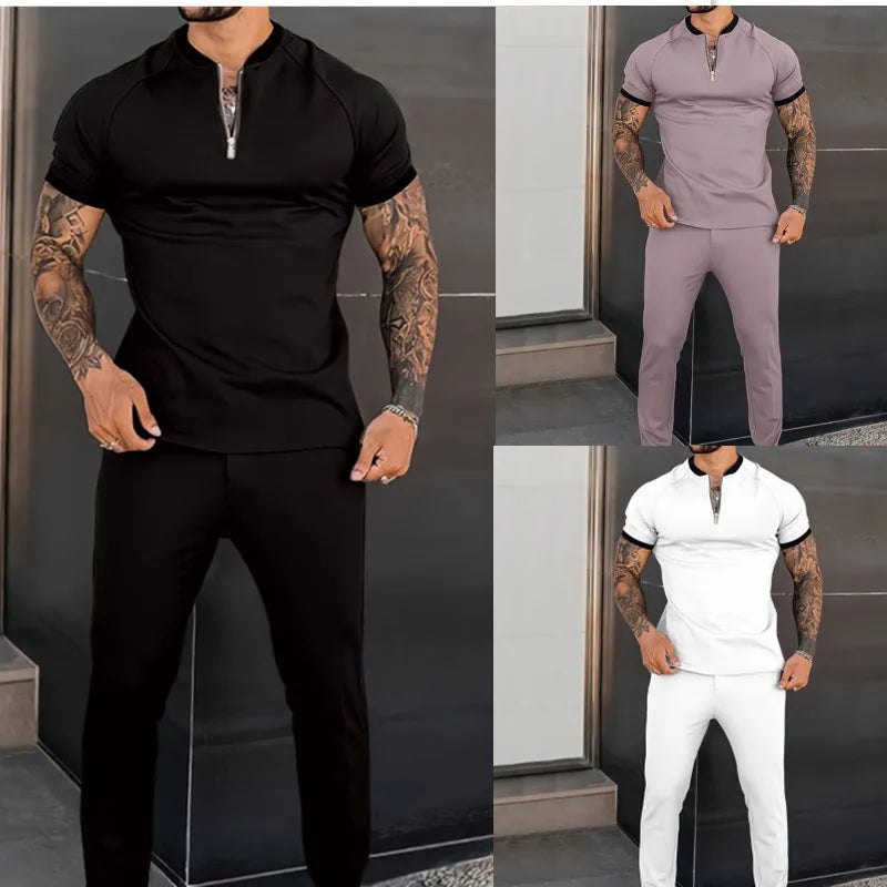 Hehope Streetwear Mens Casual Two Piece Sets Summer Fashion Zipper Crew Neck Short Sleeve Tops And Pants Suits Men Sports Tracksuit Man