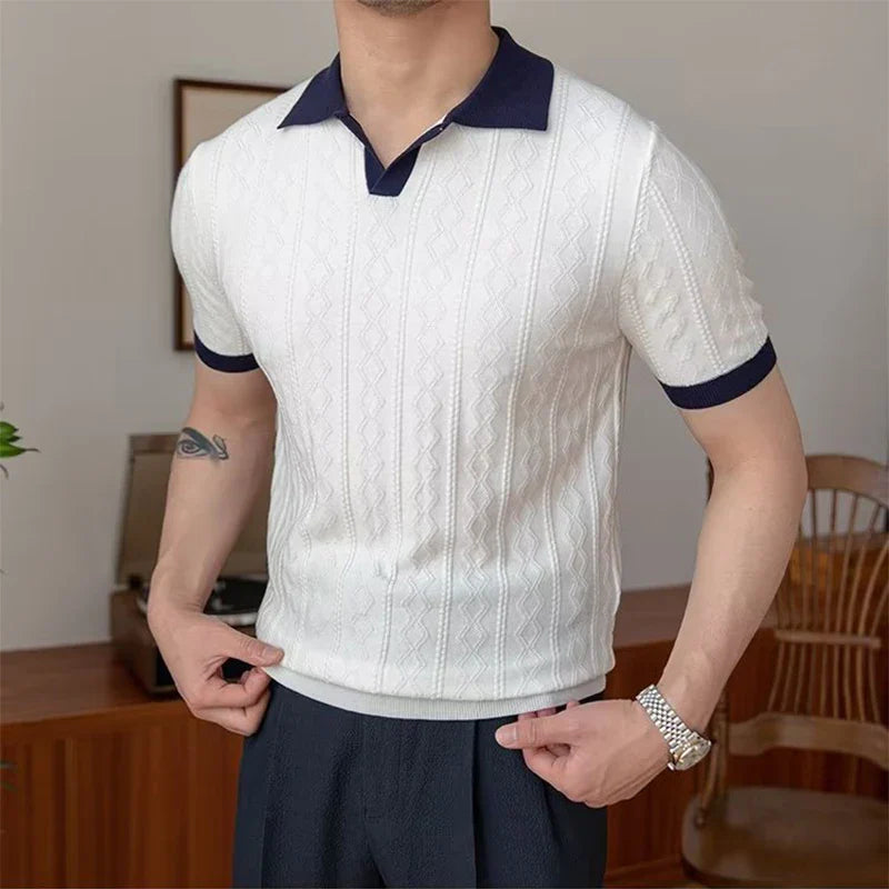 Hehope Summer Fashion Men Short Sleeve Slim Polo Shirt Vintage Patchwork Knitted Polos Men Clothing Male Casual V-Neck Lapel Pullover