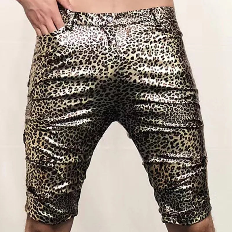 Hehope Gold Silver Snake Pattern Shinny Leather Shorts Men's Costumes Anti-bright PU Shorts Sexy Nightclub Elasticity Motorcycle Shorts