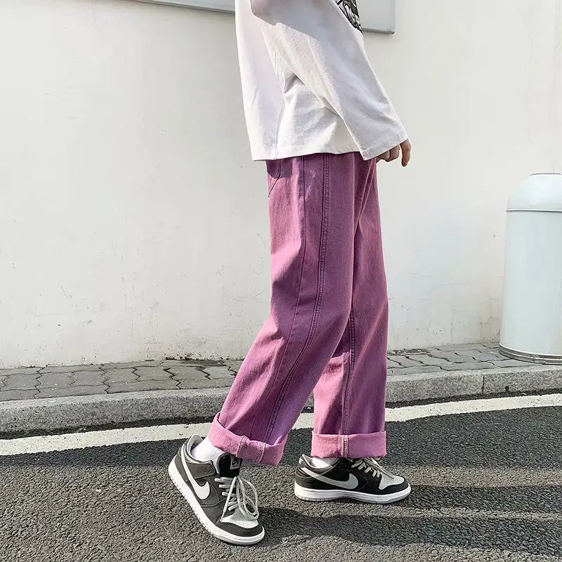 Hehope Autumn New Men Purple Baggy Jeans Korean Fashion Streetwear Wide Leg Pants Elastic Waist Straight Loose Denim trousers Male