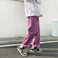 Hehope Autumn New Men Purple Baggy Jeans Korean Fashion Streetwear Wide Leg Pants Elastic Waist Straight Loose Denim trousers Male