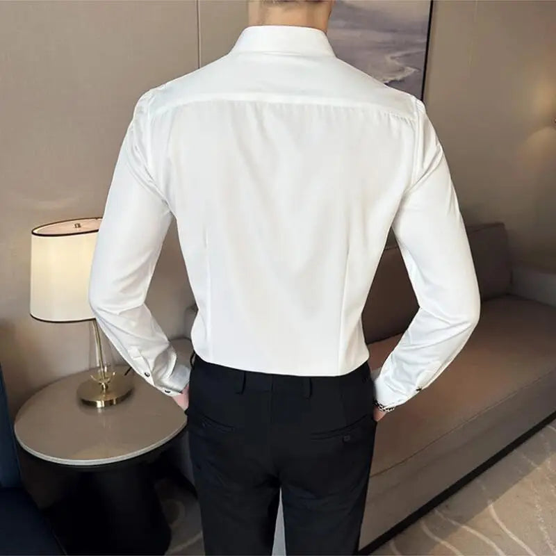 Hehope Men Shirt Spring White Solid Casual Long Sleeve Shirt Anti-wrinkle Soft Formal Elasticity Slim Fit Camisa Masculina