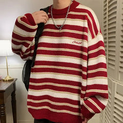 Hehope Lazy Retro Striped Sweater Men Women Autumn Winter Thick Knit Casual Embroidered Knit Pullover Sweater Jacket Couple