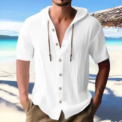 Hehope Summer Men Cotton Linen Shirt Solid Streetwear Short Sleeve Hoodie Cardigan Breathable Clothing For Male Tops Loose Man Shirts