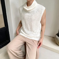 Hehope 2024 Men's Fashion T-shirt Ruffled Collar Sleeveless Tees Chic Tank Top Man Hip Hop Streetwear Summer Pullover Wear