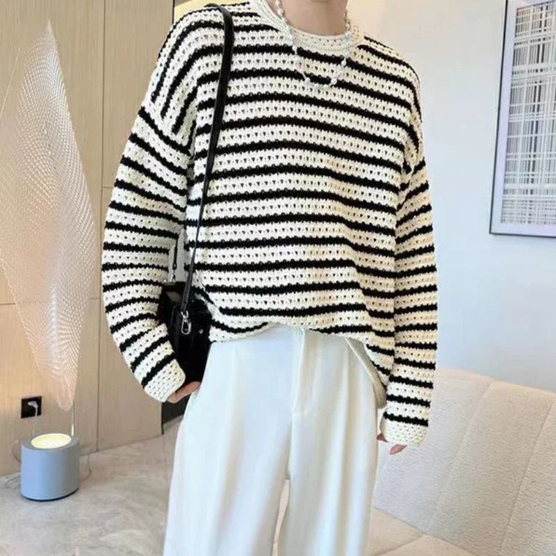 Hehope Stripe Knit T Shirts for Men Japan Korean Male Tops Luxury 90s Vintage Pullover F Polyester Elasticity Autumn New A Clothes