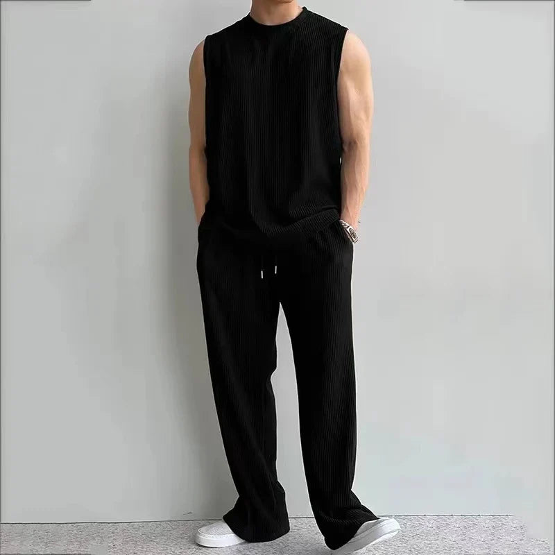 Hehope Fashion Solid Two Piece Suits Men‘s O-Neck Sleeveless Tops And Pants Outfits Men Summer New Casual Simplicity Solid Rib Sets