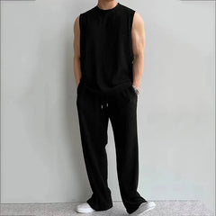 Hehope Fashion Solid Two Piece Suits Men‘s O-Neck Sleeveless Tops And Pants Outfits Men Summer New Casual Simplicity Solid Rib Sets