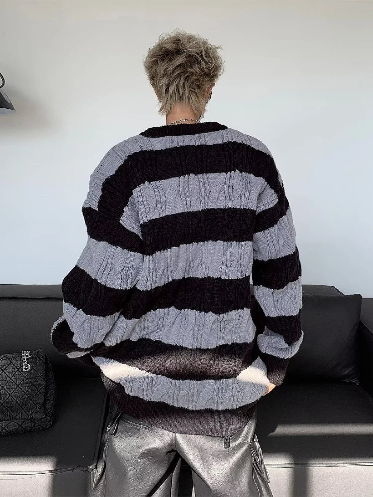 Hehope Stripe Fried Dough Twists Sweater Men's Autumn and Winter New Fashion Brand Loose Versatile Color Matching Knit Coat