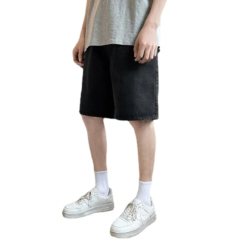 Hehope summer new men's loose casual denim shorts elastic waist drawstring black shorts brand men's clothing