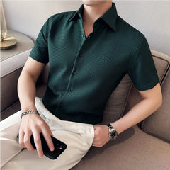 Hehope Summer Waffle Short Sleeved Shirt Men Fashion Casual Solid Color Lapel Loose Shirt Male Korean Social Business Dress Blouse