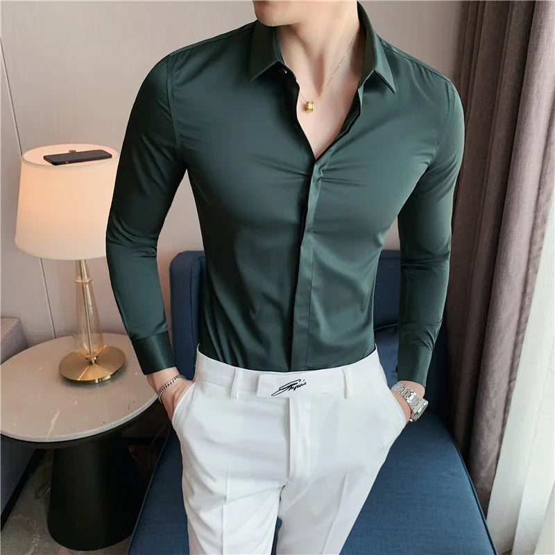 Hehope Spring Mens Shirts High Quality Long Sleeve Solid Color Business Casual Dress Shirts Social Party Fashion Men's Clothing