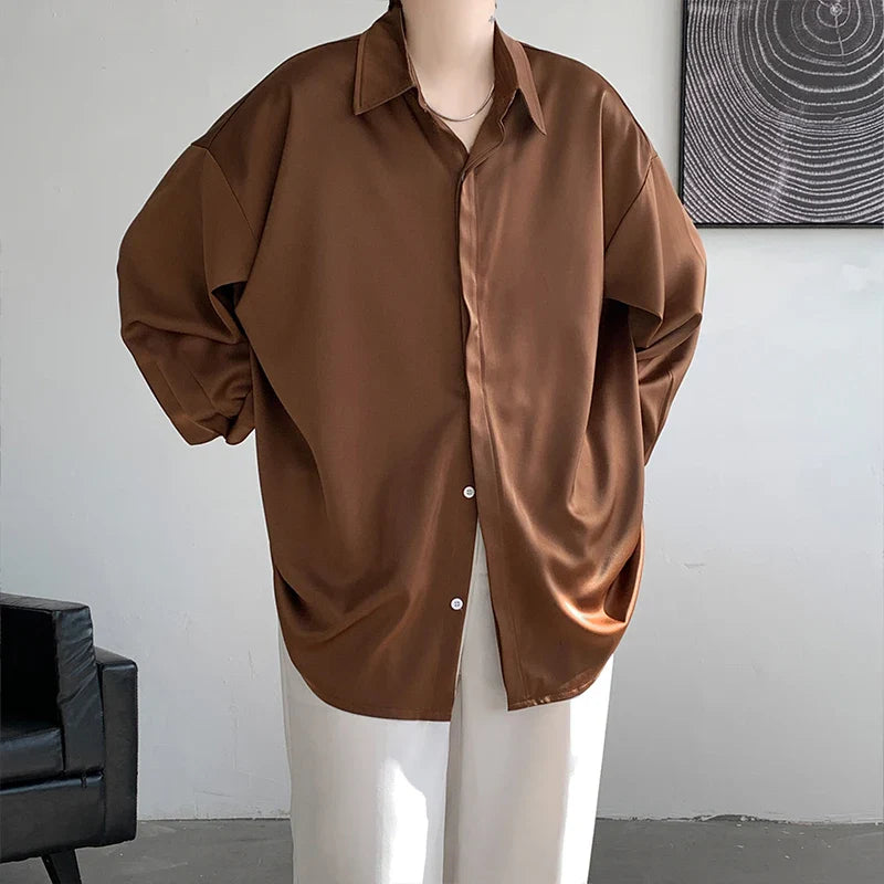 Hehope Korean Fashion Ice Silk Shirts for Men Spring Summer Solid Color Long Sleeve Casual Loose Comfortable Button Up Shirt 5XL-M