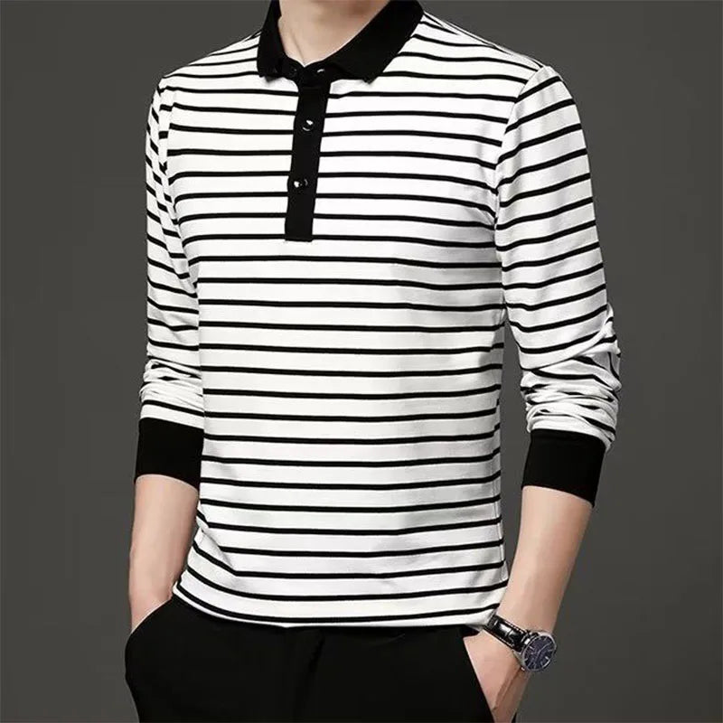 Hehope Fashion Men New Striped Polo Shirts Spring Autumn Long Sleeve Lapel Cotton Tee Shirt Male Clothes Casual Business T-Shirt