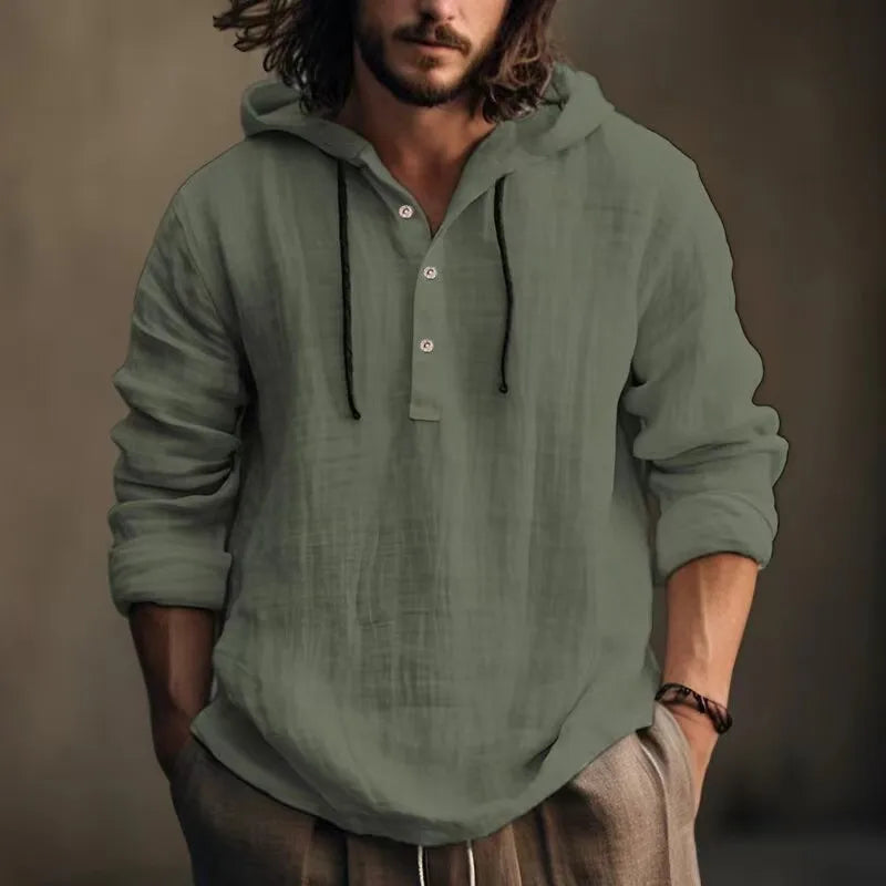 Hehope Men Shirts Hoodie Blouse Long Sleeve Buttons Pullover Solid Comfortable Cotton Linen Casual Loose Holiday Shirts Male Tee Tops