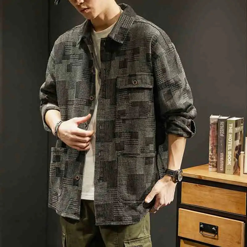 Hehope American Vintage Men Plaid Work Shirt Coat Spring Autumn Fashion New Male Clothes Casual Loose Black Grey Long Sleeve Jackets