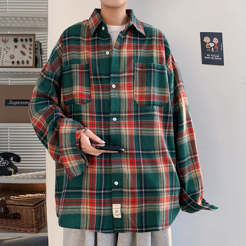 Hehope Spring Long Sleeved Shirt Men Fashion Retro Plaid Shirt Men Streetwear Loose Casual Shirt Mens Vintage Shirts Large Size M-5XL