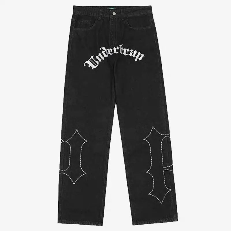 Hehope Y2K Retro Street Print Alphabet Star Jeans Men and Women Hip-hop High Street Spring and Autumn Loose Straight Drag Casual Pants