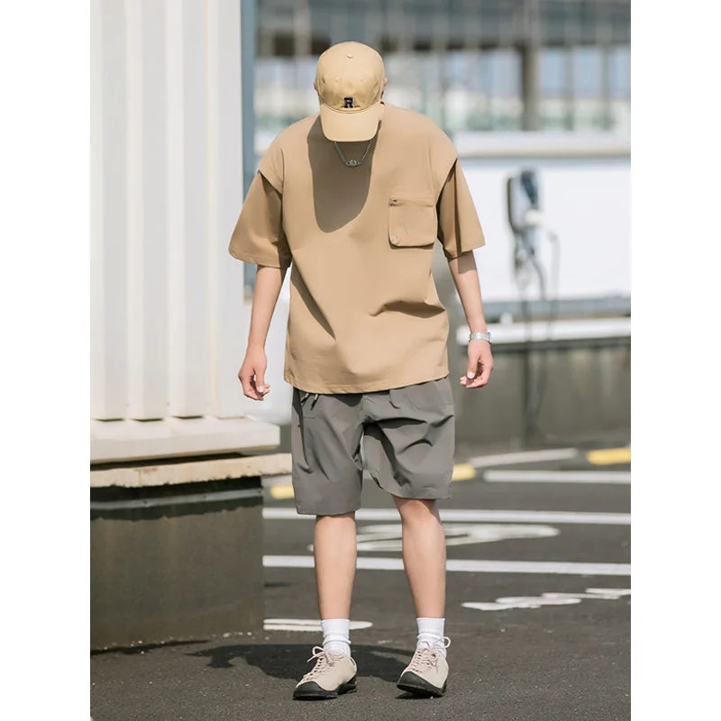 Hehope Summer Japan fashion 270G Heavy Three-Dimensional Zip-up Pocket Short sleeve T-shirt Men's Loose Solid Half Sleeve T-shirt