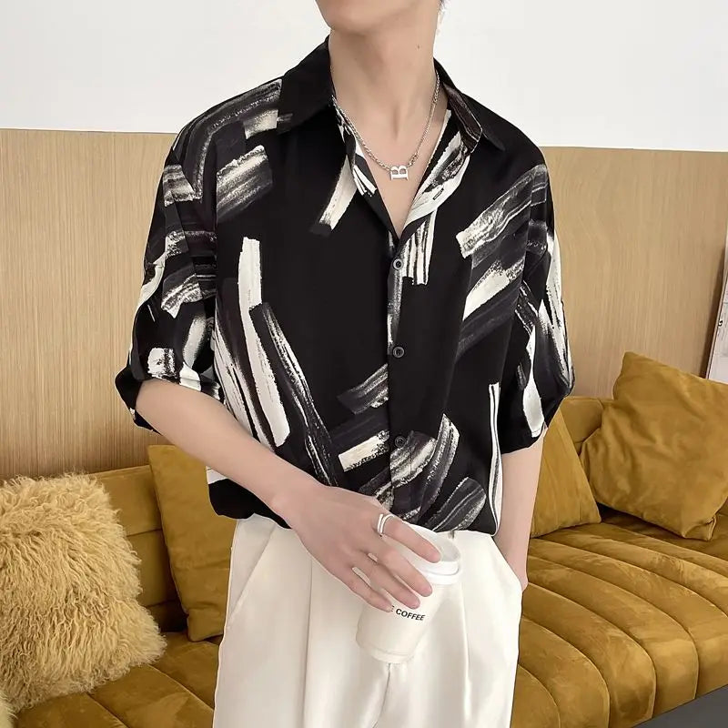 Hehope 2024 New Summer Haute Couture Lapel Print Korean Version Ruffled and Handsome Loose Casual Oversize Medium Sleeved Floral Shirt