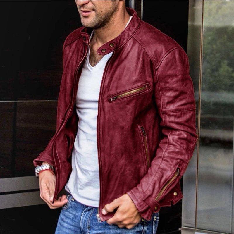 Hehope New Mens Leather Jacket Men Fashion Red Motorcycle PU Leather Jacket Stand Collar Zipper Pockets Leather Coats