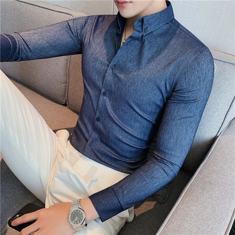 Hehope British Style Men Long Sleeved Shirt 2024 Autumn Anti-wrinkle Soft Solid Casual Elastic Slim Fit Camisas Y Blusas Men Clothing