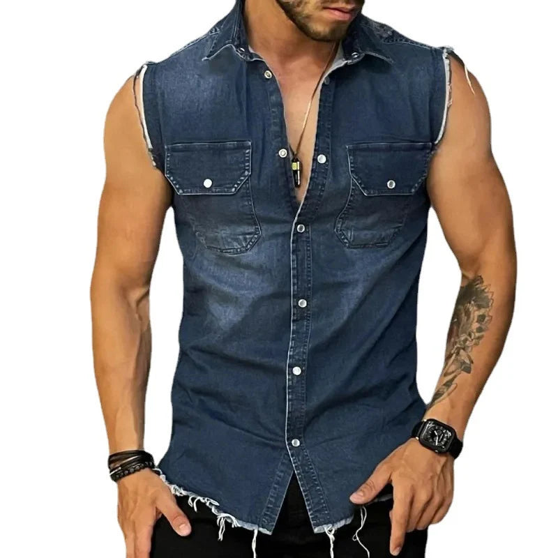 Hehope Streetwear Mens Fashion Denim Vest Shirts Turn-down Collar Button-up Sleeveless Denim Tank Tops For Men Spring Summer Jean Vest