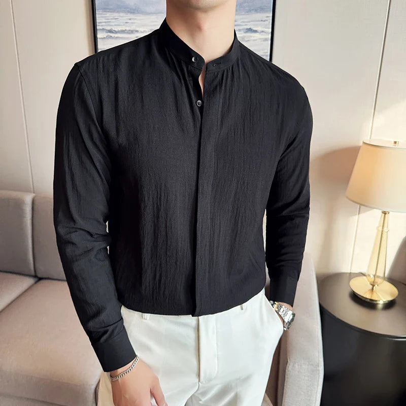 Hehope Men Linen Shirt, Chinese Standing Collar, 2024 Summer New Light and Thin Long Sleeved Shirt, Fashionable and Casual Men Clothing