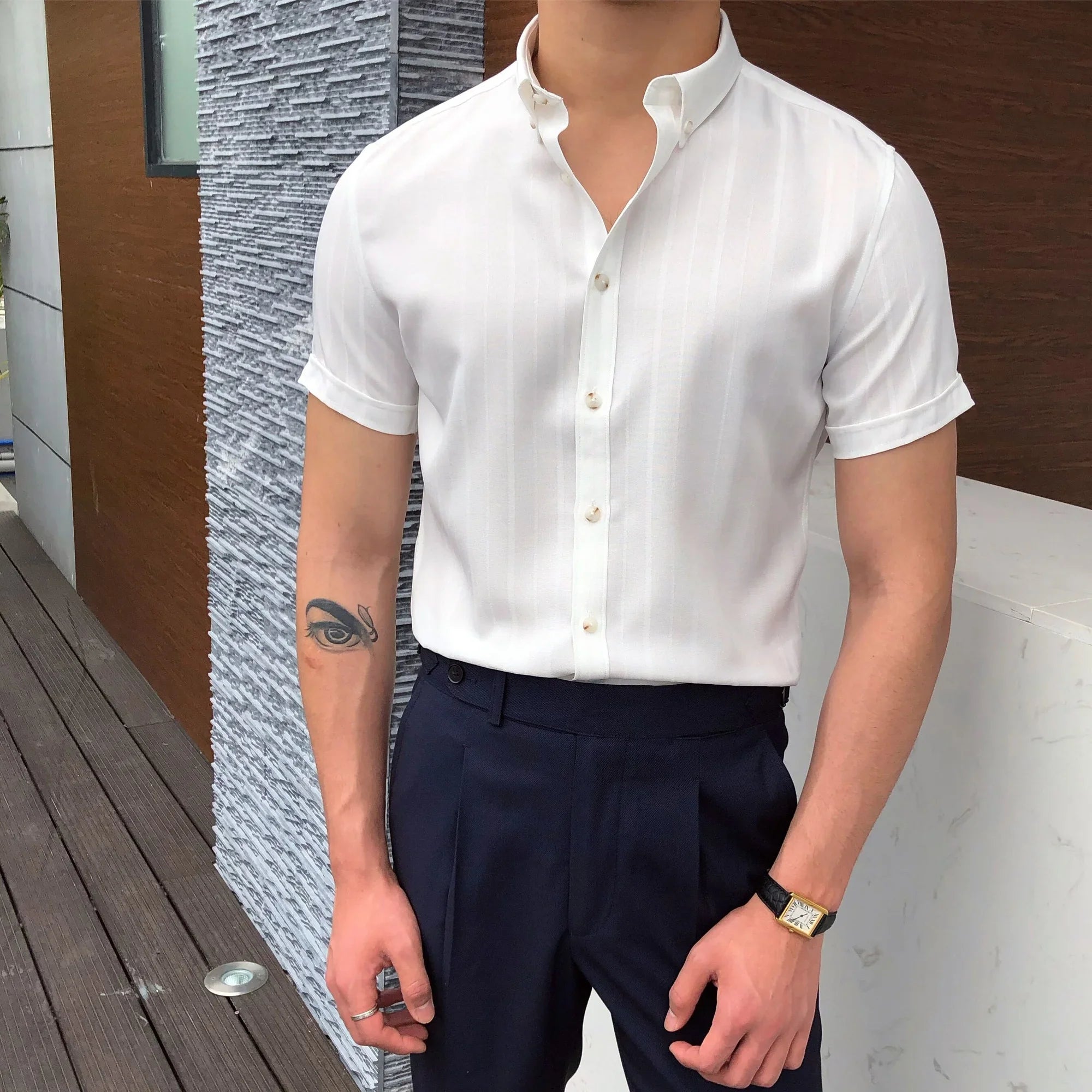 Hehope Italian Summer Men Short Sleeve Striped Shirt British Casual Slim Shirt Retro Shirt Dress Camisa Masculina Social Summer