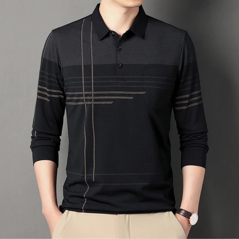 Hehope Men's Clothing Spring Autumn Trendy Striped Polo Collar Shirt Business Casual Long Sleeve Tops Male Pocket Button T-shirts