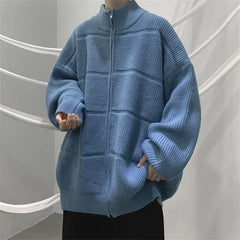 Hehope Man Clothes Jacket Zip-up Knitted Sweaters for Men Collared Loose Fit Zipper Blue Cardigan Coat Casual Japanese Retro Over Knit