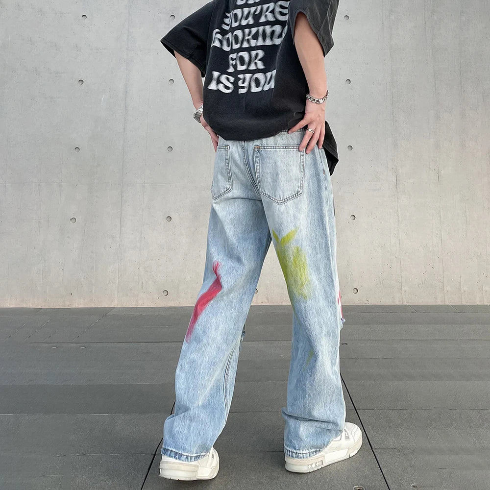 Hehope Abstract Graphic Splash-ink Ripped Jeans Men Loose Straight-leg Street Summer Trousers Streetwear Autumn Baggy Y2k Denim Pants