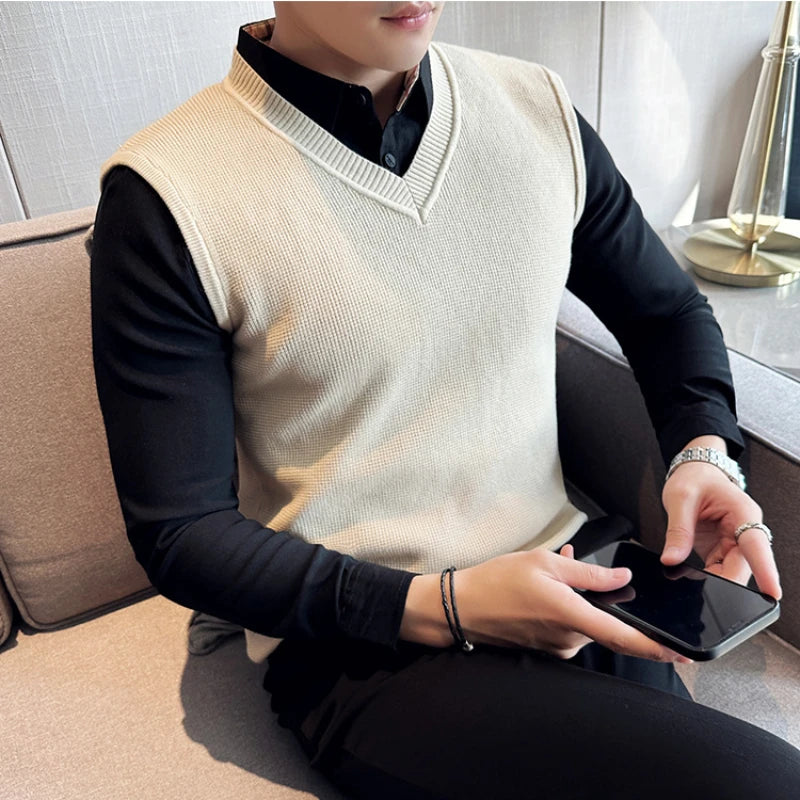 Hehope Fake 2 Pieces Shirt Collar Men's Winter High Quality Sweater Vest/Male Slim Fit Fashion Knitted Pullover/Man V-neck Sweaters 3XL