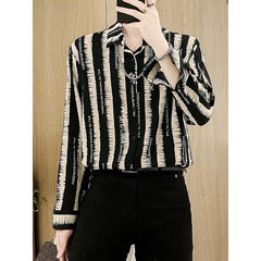 Hehope 2024 New Spring and Summer Pi Shuai Casual Loose Fashion Trend Thin Flip Collar Letter Printed Stripe Long Sleeved Shirt for Men