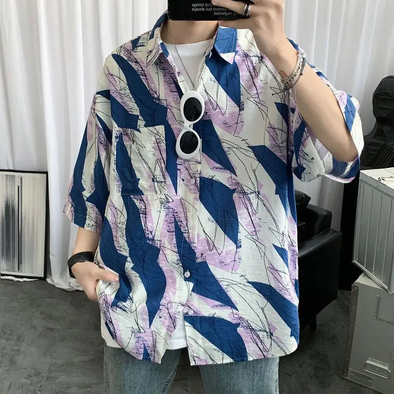 Hehope Handsome Shirts Straight Turn-down Collar Short Sleeve Button Printing Comfortable Street Casual Fashion Men's Clothing Summer