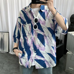 Hehope Handsome Shirts Straight Turn-down Collar Short Sleeve Button Printing Comfortable Street Casual Fashion Men's Clothing Summer