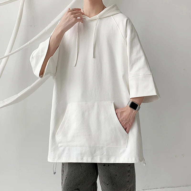 Hehope Solid Color Hooded T shirt Men Summer Korean Short Sleeve Pullover Loose Casual T-shirt Streetwear Drawstring Tops Men Clothing