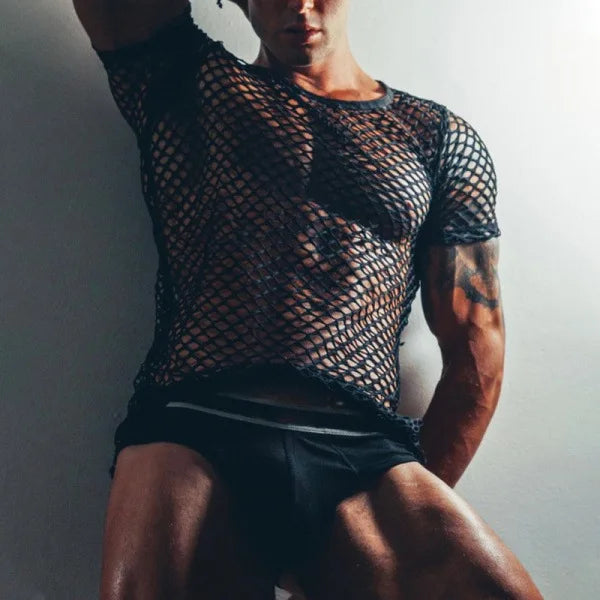 Hehope Oversized Men's Tight Sexy Fishnet T-shirt See-through Net Shirt Round Neck T-shirt Clearance Stock Summer Beach Men's Smock Top