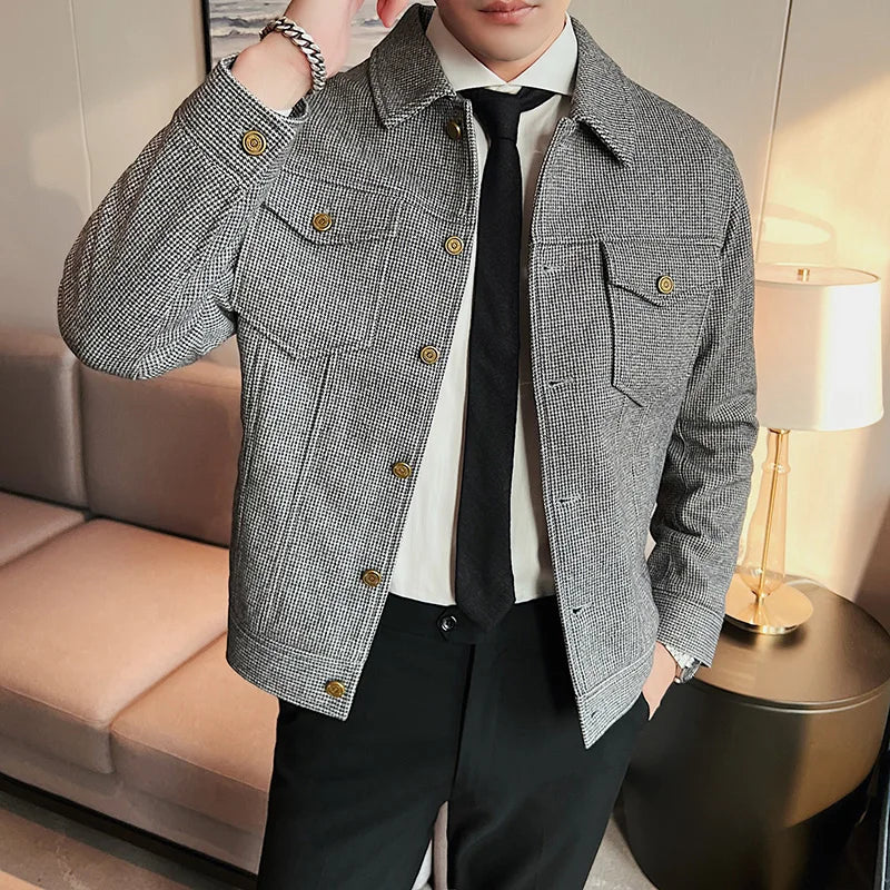 Hehope New Men's Brand Clothing Slim Slim Jackets Fashion High Quality Plaid Casual Woolen Jacket Men's Wool Short Slim Fit Blazer 3XL