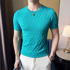 Hehope New Men Short Sleeve Breathable Leisure O-neck Slim Fit T-shirts Male Fashion Ice Silk Knitted Tops Size Shirt S-3XL