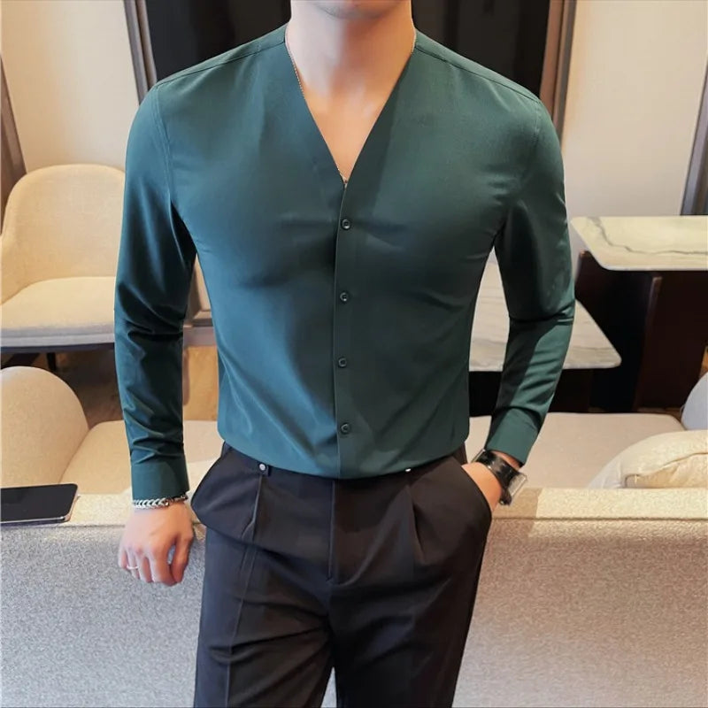 Hehope Solid Color Scarless Elastic Shirt Men Fashion V-neck Slim Casual Business Dress Shirts Social Party Tuxedo Blouse Men Clothing