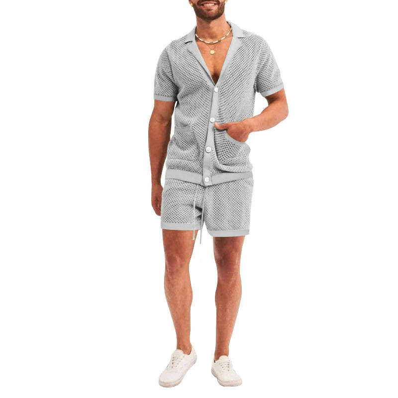 Hehope Sexy See Through Hollow Out Mesh Knit Two Piece Suits Men Summer Fashion Short Sleeve Shirts And Shorts Sets Mens Outfits Beach