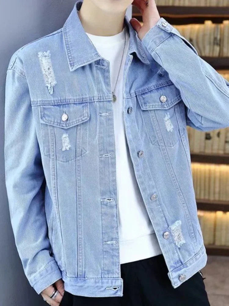 Hehope Denim Jackets Man Light Ripped Jeans Coat for Men Cargo Short Casual Slim with Hole One Piece Aesthetic High Quality G Vintage