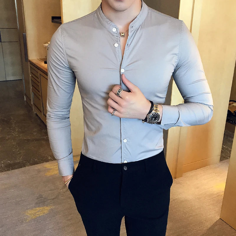 Hehope Men's Slim Shirts Spring/Summer High Quality Fashion Long Sleeve Cotton Solid Color Business Casual Men's Clothing Shirts