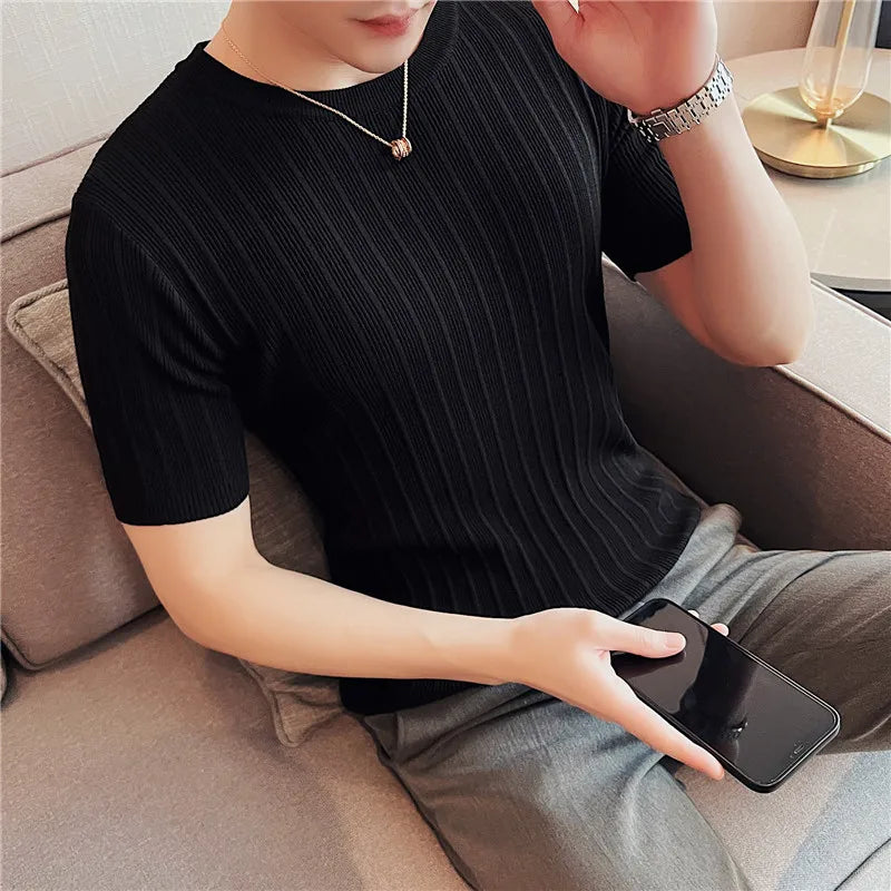 Hehope Men's Summer Casual Short Sleeve T-shirt /Male Slim Fit Striped Round Collar High Elastic Force Knit T-shirts Green Tees S-4XL