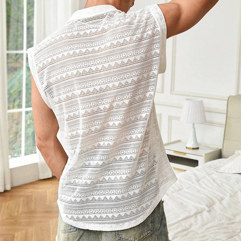 Hehope Sexy See Through Hollow Out Embroidery Mens Tank Tops Summer Sleeveless Turn-down Collar Zipper Camisoles Men Casual Vest Shirts