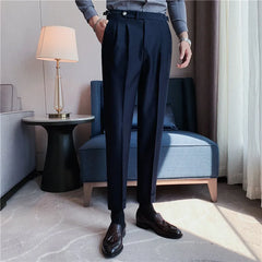 Hehope British Style Men High Waist Business Casual Dress Pants Spring Summer Fashion Social Belt Decoration Slim Fit Suit Pants